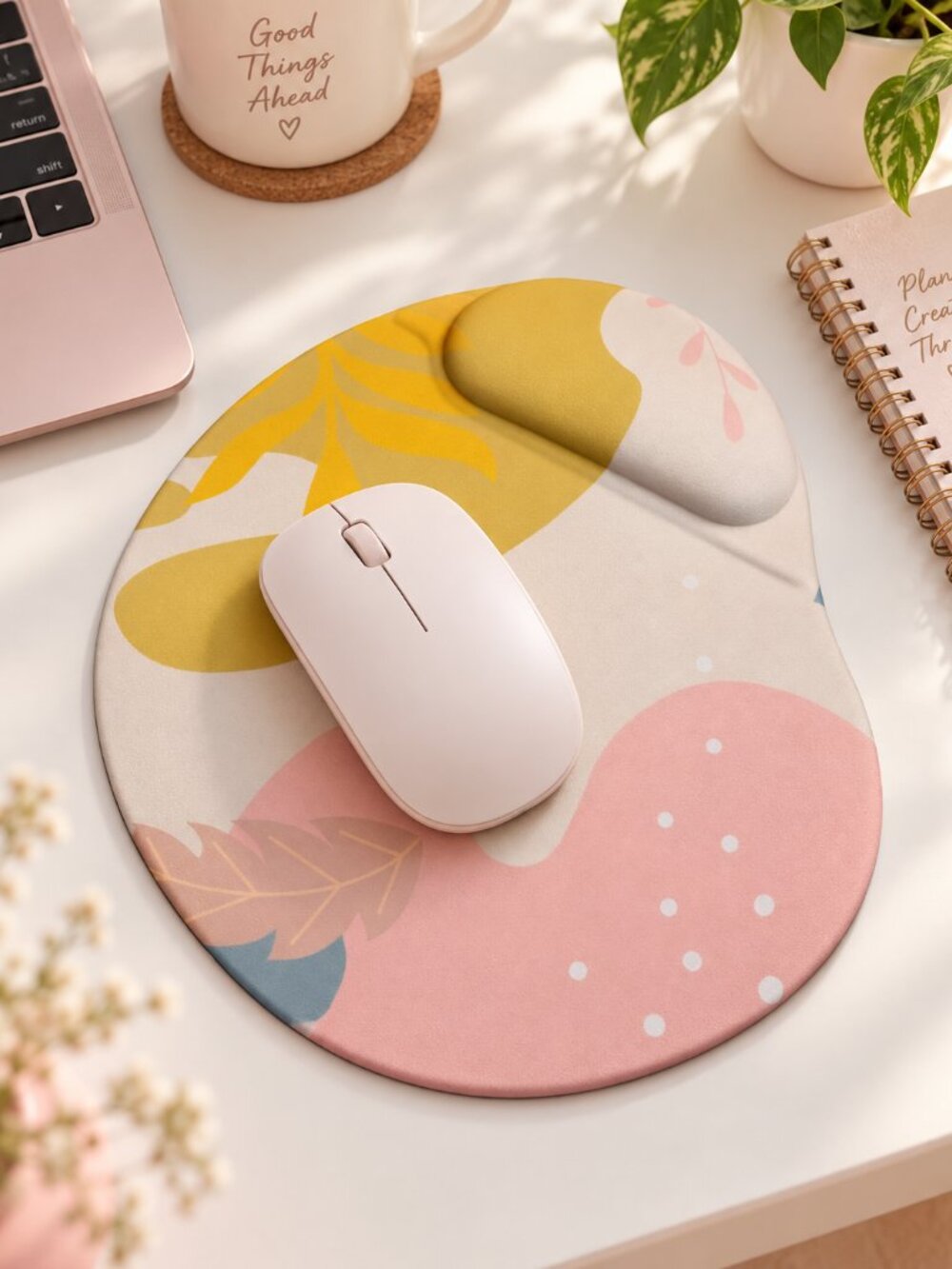 Pastel Floral Ergonomic Mouse Pad Gel Wrist Rest Yellow Pink Blue